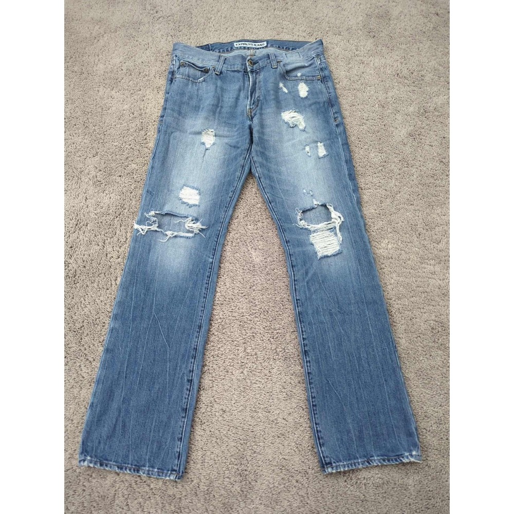 Express Jeans Mens 33x34 Blue Denim Rocco Slim Fit Bootcut Distressed Streetwear